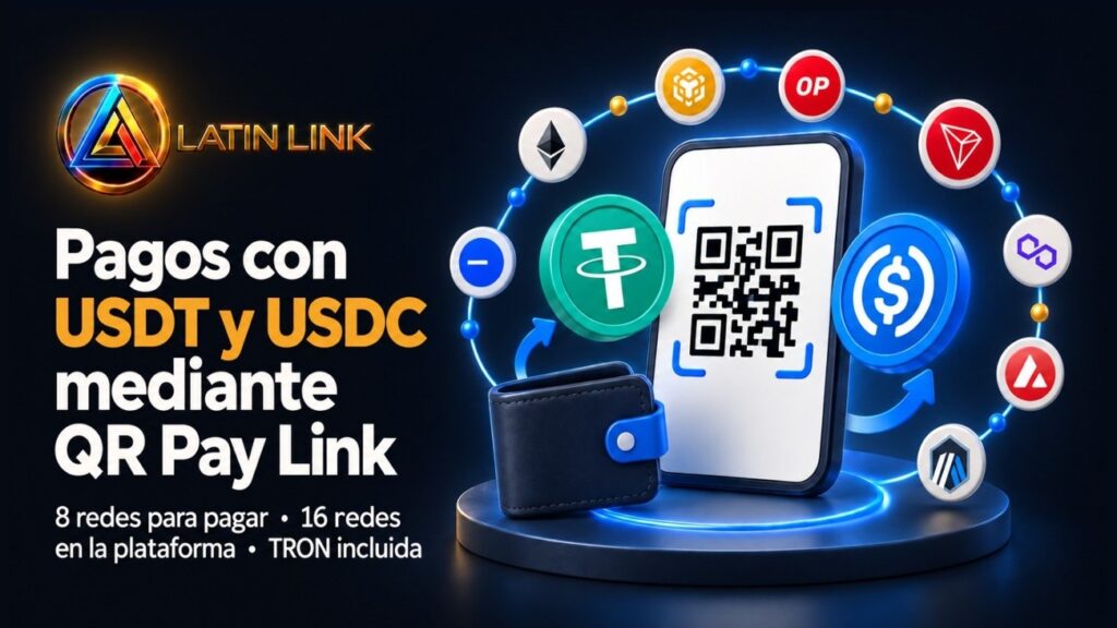 Un móvil con un código QR en pantalla y una constelación de criptomonedas alrededor representando las redes blockchain donde funciona QR Pay link.