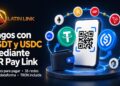 Un móvil con un código QR en pantalla y una constelación de criptomonedas alrededor representando las redes blockchain donde funciona QR Pay link.
