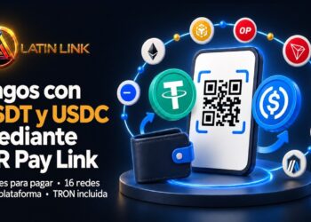 Un móvil con un código QR en pantalla y una constelación de criptomonedas alrededor representando las redes blockchain donde funciona QR Pay link.