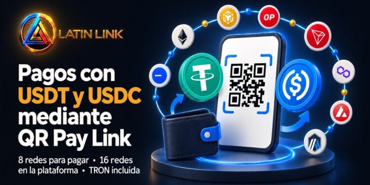 Un móvil con un código QR en pantalla y una constelación de criptomonedas alrededor representando las redes blockchain donde funciona QR Pay link.
