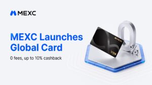 Tarjeta de débito de color negro con los logos de MEXC y Visa en dorado.