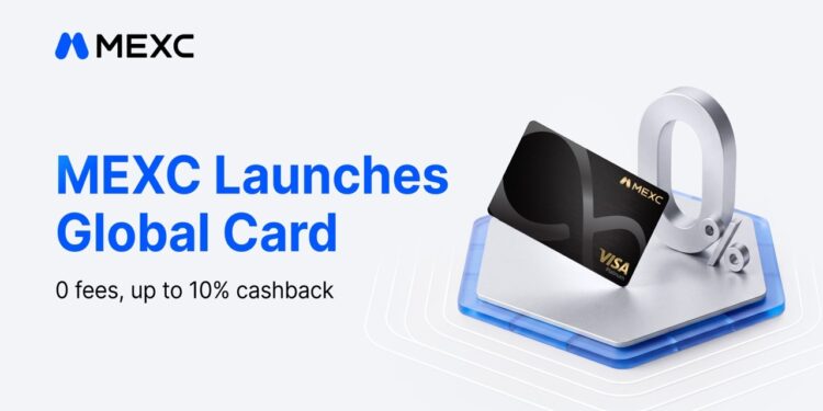 Tarjeta de débito de color negro con los logos de MEXC y Visa en dorado.