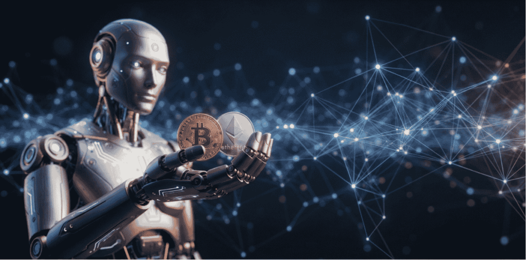 Una inteligencia artificial sosteniendo criptoactivos.
