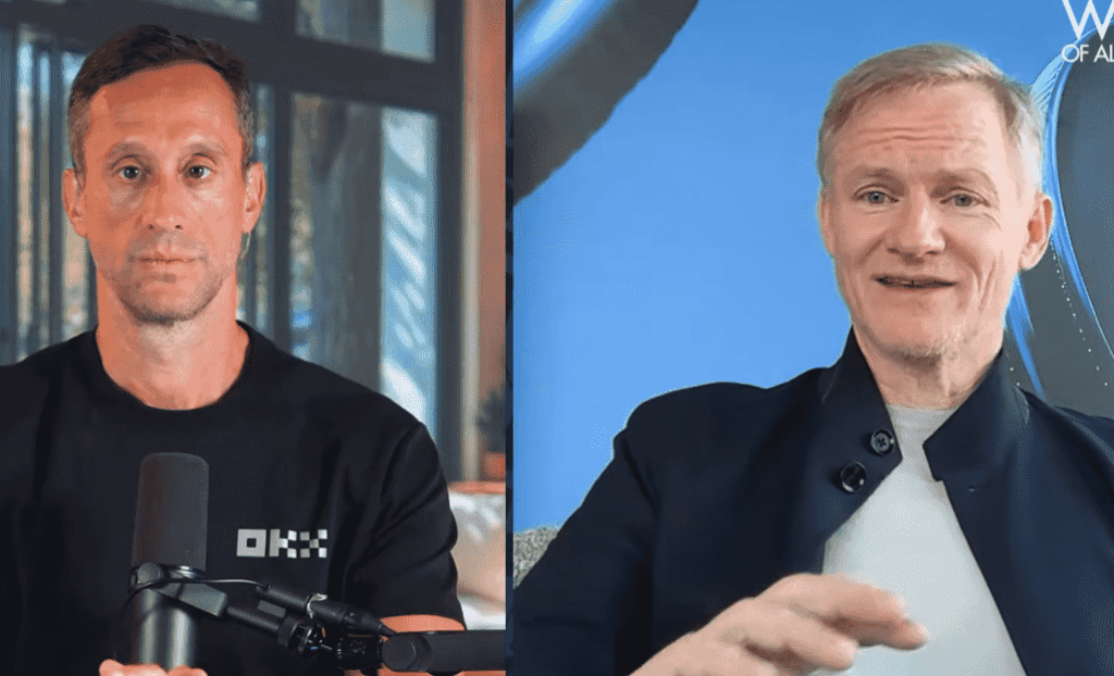 Imagen dividida en dos paneles. A la izquierda, Scott Melker de cabello oscuro con una camiseta negra que lleva el logotipo "OKX" en blanco, hablando frente a un micrófono con un fondo de ventanales. A la derecha, Mike Belshe de cabello canoso con chaqueta azul oscuro y camiseta gris, gesticulando con la mano derecha, con un fondo azul brillante.