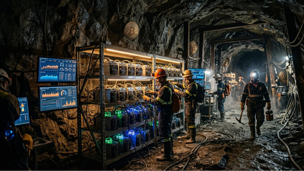 Mineros de Bitcoin operando en una cueva con equipos ASIC.