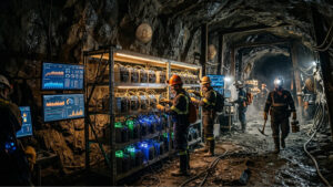 Mineros de Bitcoin operando en una cueva con equipos ASIC.