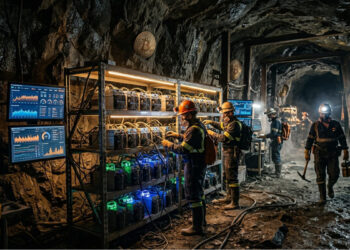 Mineros de Bitcoin operando en una cueva con equipos ASIC.