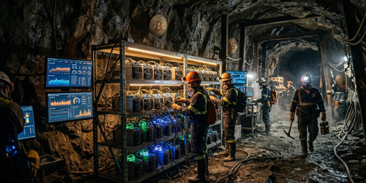 Mineros de Bitcoin operando en una cueva con equipos ASIC.