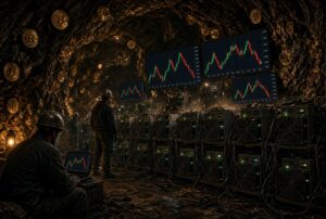 Mineros de Bitcoin operando ASIC dentro de una cueva.