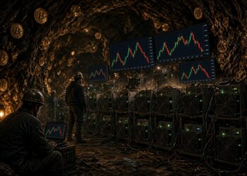 Mineros de Bitcoin operando ASIC dentro de una cueva.