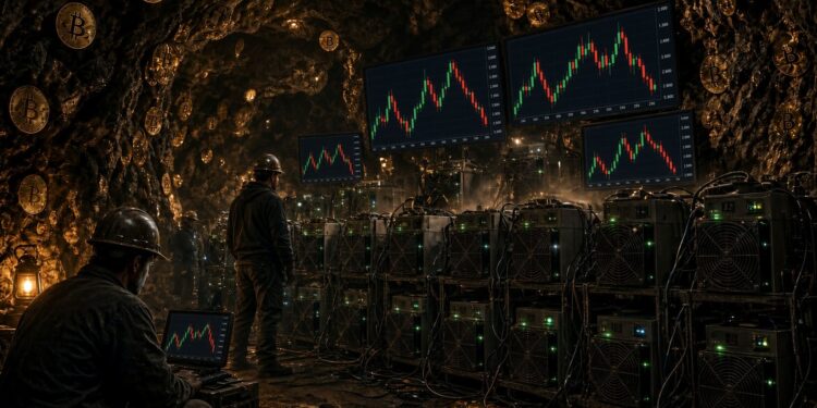 Mineros de Bitcoin operando ASIC dentro de una cueva.
