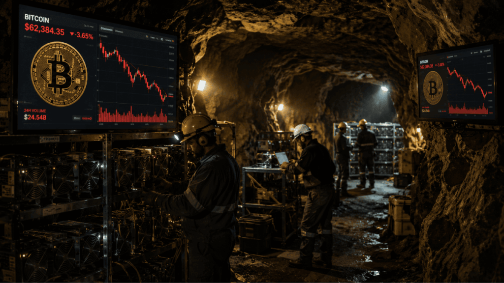 Mineros de bitcoin operando en una cueva.