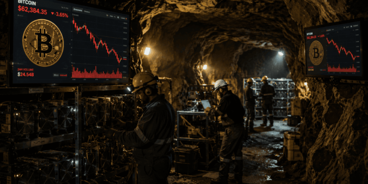 Mineros de bitcoin operando en una cueva.