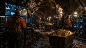 Mineros de Bitcoin trabajando en una cueva.