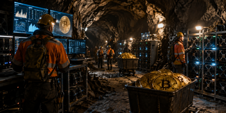 Mineros de Bitcoin trabajando en una cueva.