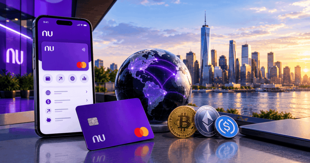 Banco digital y criptomonedas representados en un entorno financiero global.