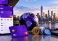 Banco digital y criptomonedas representados en un entorno financiero global.