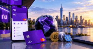 Banco digital y criptomonedas representados en un entorno financiero global.