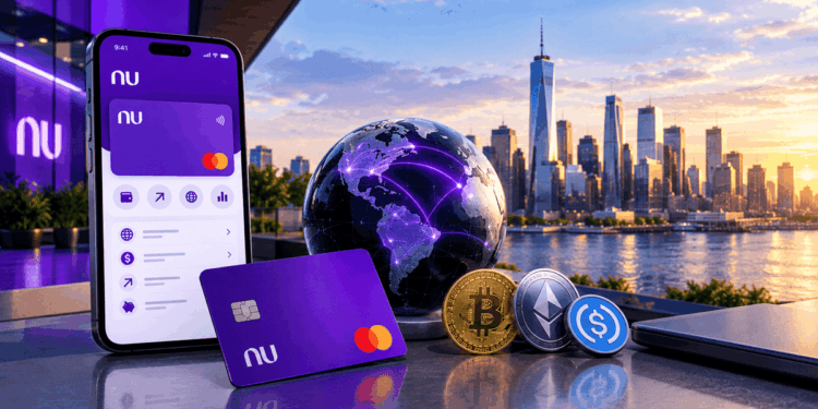 Banco digital y criptomonedas representados en un entorno financiero global.