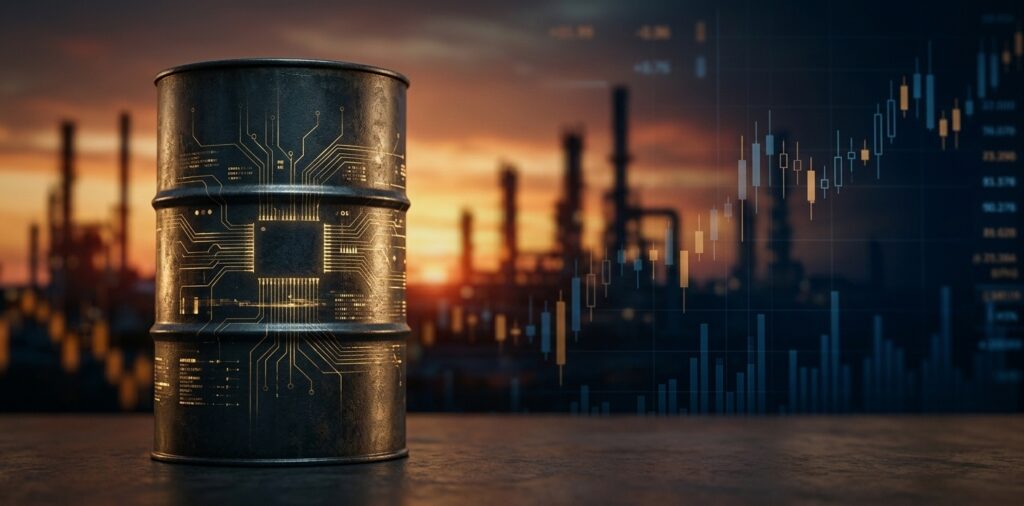 Ilustración hiperrealista que muestra un barril de petróleo metálico en primer plano con circuitos dorados sutiles en su superficie, sobre un fondo que combina la silueta de una refinería al atardecer y un gráfico digital de mercados financieros en tonos azul y ámbar.