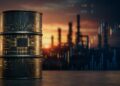 Ilustración hiperrealista que muestra un barril de petróleo metálico en primer plano con circuitos dorados sutiles en su superficie, sobre un fondo que combina la silueta de una refinería al atardecer y un gráfico digital de mercados financieros en tonos azul y ámbar.