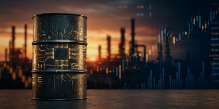 Ilustración hiperrealista que muestra un barril de petróleo metálico en primer plano con circuitos dorados sutiles en su superficie, sobre un fondo que combina la silueta de una refinería al atardecer y un gráfico digital de mercados financieros en tonos azul y ámbar.