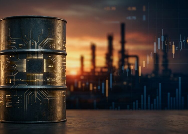 Ilustración hiperrealista que muestra un barril de petróleo metálico en primer plano con circuitos dorados sutiles en su superficie, sobre un fondo que combina la silueta de una refinería al atardecer y un gráfico digital de mercados financieros en tonos azul y ámbar.