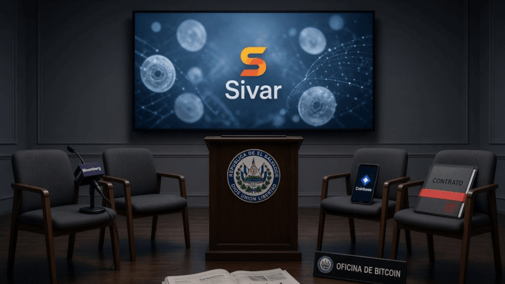 Sala de prensa oficial vacía en El Salvador. Al centro, un atril con el escudo nacional y una pantalla encendida que muestra el logotipo de Sivar sobre stablecoins digitales. Alrededor, cuatro sillas vacías: una con micrófono de Bloomberg, otra con teléfono de Coinbase, otra con carpeta sellada con cinta roja marcada "contrato" y otra con placa de la Oficina de Bitcoin. En el suelo, un periódico con el titular "Government-backed" parcialmente visible. No hay personas. Iluminación fría, composición simétrica, atmósfera de contradicción.