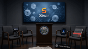 Sala de prensa oficial vacía en El Salvador. Al centro, un atril con el escudo nacional y una pantalla encendida que muestra el logotipo de Sivar sobre stablecoins digitales. Alrededor, cuatro sillas vacías: una con micrófono de Bloomberg, otra con teléfono de Coinbase, otra con carpeta sellada con cinta roja marcada "contrato" y otra con placa de la Oficina de Bitcoin. En el suelo, un periódico con el titular "Government-backed" parcialmente visible. No hay personas. Iluminación fría, composición simétrica, atmósfera de contradicción.