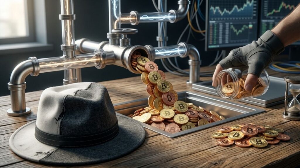 Una grifo expulsando monedas de bitcoin junto a un sombrero gris