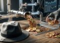 Una grifo expulsando monedas de bitcoin junto a un sombrero gris