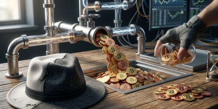 Una grifo expulsando monedas de bitcoin junto a un sombrero gris