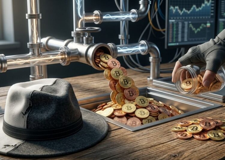 Una grifo expulsando monedas de bitcoin junto a un sombrero gris