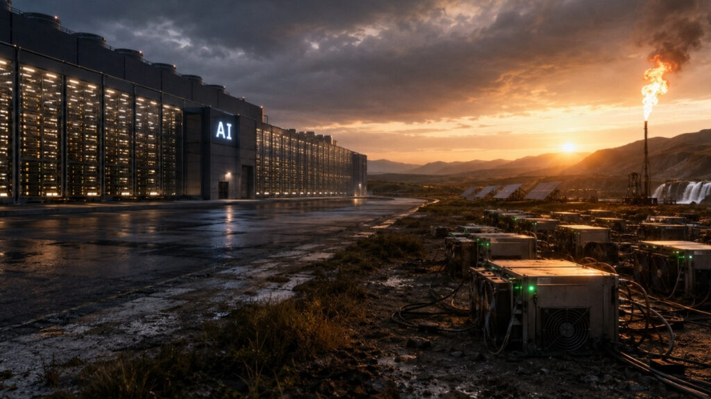 Un centro de datos de inteligencia artificial iluminado ocupa el lado izquierdo de la escena, mientras equipos de minería de Bitcoin se distribuyen en un terreno industrial al lado derecho, junto a paneles solares, una planta hidroeléctrica y una antorcha de gas. Al fondo, el sol se oculta entre montañas, contrastando la infraestructura eléctrica estable que demanda la IA con la energía excedente que puede aprovechar la minería de Bitcoin.