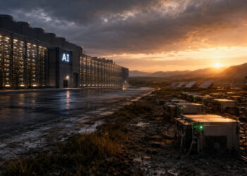 Un centro de datos de inteligencia artificial iluminado ocupa el lado izquierdo de la escena, mientras equipos de minería de Bitcoin se distribuyen en un terreno industrial al lado derecho, junto a paneles solares, una planta hidroeléctrica y una antorcha de gas. Al fondo, el sol se oculta entre montañas, contrastando la infraestructura eléctrica estable que demanda la IA con la energía excedente que puede aprovechar la minería de Bitcoin.