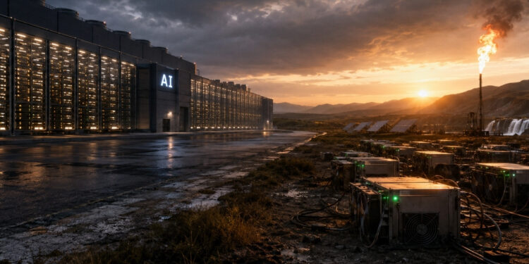 Un centro de datos de inteligencia artificial iluminado ocupa el lado izquierdo de la escena, mientras equipos de minería de Bitcoin se distribuyen en un terreno industrial al lado derecho, junto a paneles solares, una planta hidroeléctrica y una antorcha de gas. Al fondo, el sol se oculta entre montañas, contrastando la infraestructura eléctrica estable que demanda la IA con la energía excedente que puede aprovechar la minería de Bitcoin.