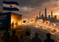 Una escena cinematográfica muestra a El Salvador frente a un puerto, con su bandera y un contenedor iluminado que representa su infraestructura financiera. Desde el contenedor parte un flujo de luz dorada hacia el horizonte, donde se distinguen activos vinculados a empresas y mercados estadounidenses, como Apple, Microsoft, JPMorgan, Netflix, el S&P 500 y Nasdaq 100. La composición representa visualmente cómo la infraestructura de tokenización salvadoreña canaliza capital hacia activos financieros extranjeros.
