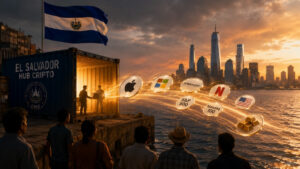 Una escena cinematográfica muestra a El Salvador frente a un puerto, con su bandera y un contenedor iluminado que representa su infraestructura financiera. Desde el contenedor parte un flujo de luz dorada hacia el horizonte, donde se distinguen activos vinculados a empresas y mercados estadounidenses, como Apple, Microsoft, JPMorgan, Netflix, el S&P 500 y Nasdaq 100. La composición representa visualmente cómo la infraestructura de tokenización salvadoreña canaliza capital hacia activos financieros extranjeros.