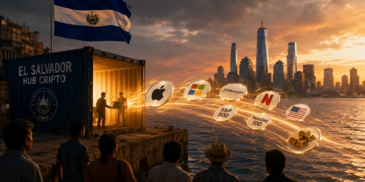 Una escena cinematográfica muestra a El Salvador frente a un puerto, con su bandera y un contenedor iluminado que representa su infraestructura financiera. Desde el contenedor parte un flujo de luz dorada hacia el horizonte, donde se distinguen activos vinculados a empresas y mercados estadounidenses, como Apple, Microsoft, JPMorgan, Netflix, el S&P 500 y Nasdaq 100. La composición representa visualmente cómo la infraestructura de tokenización salvadoreña canaliza capital hacia activos financieros extranjeros.