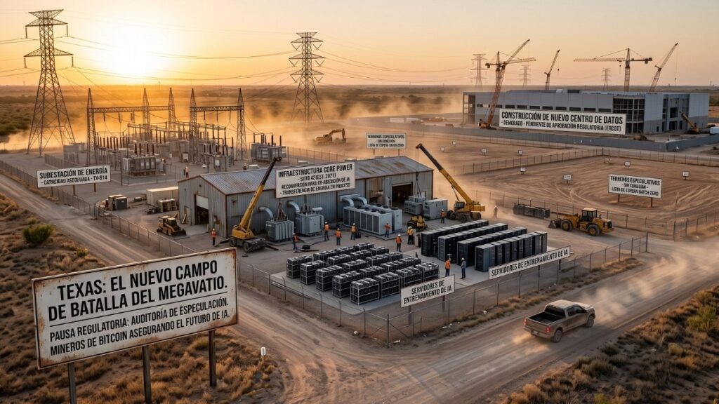 Paisaje árido de Texas al atardecer que muestra una instalación de infraestructura energética. En primer plano, un cartel oxidado proclama "TEXAS: EL NUEVO CAMPO DE BATALLA DEL MEGAVATIO" y menciona una pausa regulatoria. Detrás, operarios trabajan reconvirtiendo instalaciones con nuevos servidores de entrenamiento de IA conectados directamente a subestaciones eléctricas, mientras que en el fondo se observan grúas paralizadas en la construcción de un nuevo gran centro de datos bajo grandes torres de alta tensión.