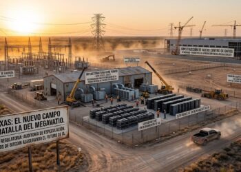 Paisaje árido de Texas al atardecer que muestra una instalación de infraestructura energética. En primer plano, un cartel oxidado proclama "TEXAS: EL NUEVO CAMPO DE BATALLA DEL MEGAVATIO" y menciona una pausa regulatoria. Detrás, operarios trabajan reconvirtiendo instalaciones con nuevos servidores de entrenamiento de IA conectados directamente a subestaciones eléctricas, mientras que en el fondo se observan grúas paralizadas en la construcción de un nuevo gran centro de datos bajo grandes torres de alta tensión.