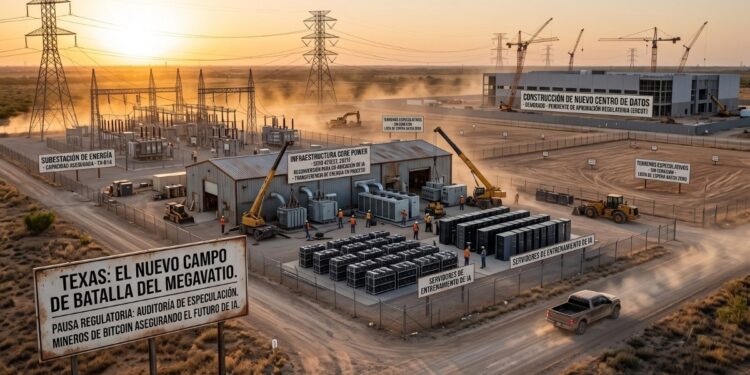Paisaje árido de Texas al atardecer que muestra una instalación de infraestructura energética. En primer plano, un cartel oxidado proclama "TEXAS: EL NUEVO CAMPO DE BATALLA DEL MEGAVATIO" y menciona una pausa regulatoria. Detrás, operarios trabajan reconvirtiendo instalaciones con nuevos servidores de entrenamiento de IA conectados directamente a subestaciones eléctricas, mientras que en el fondo se observan grúas paralizadas en la construcción de un nuevo gran centro de datos bajo grandes torres de alta tensión.