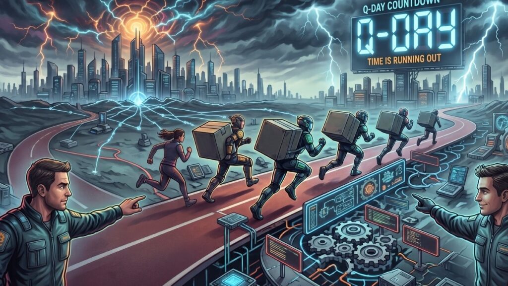 Ilustración digital donde dos hombres en primer plano coordinan a un grupo de personas que corren cargando pesadas cajas por un sendero hacia una ciudad futurista. El cielo es oscuro y caen relámpagos sobre los edificios. En la escena destaca un enorme letrero digital con la advertencia "Q-DAY COUNTDOWN" y "TIME IS RUNNING OUT", rodeado de engranajes y monitores que simbolizan la urgencia, el esfuerzo físico y la complejidad de una transición tecnológica contrarreloj.