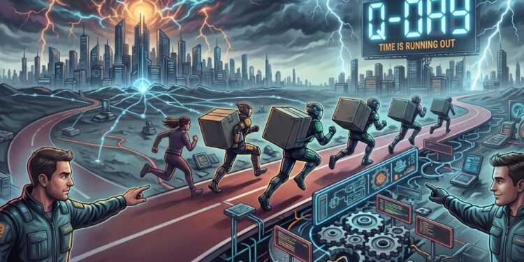 Ilustración digital donde dos hombres en primer plano coordinan a un grupo de personas que corren cargando pesadas cajas por un sendero hacia una ciudad futurista. El cielo es oscuro y caen relámpagos sobre los edificios. En la escena destaca un enorme letrero digital con la advertencia "Q-DAY COUNTDOWN" y "TIME IS RUNNING OUT", rodeado de engranajes y monitores que simbolizan la urgencia, el esfuerzo físico y la complejidad de una transición tecnológica contrarreloj.