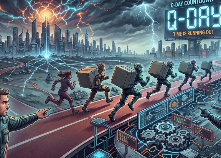 Ilustración digital donde dos hombres en primer plano coordinan a un grupo de personas que corren cargando pesadas cajas por un sendero hacia una ciudad futurista. El cielo es oscuro y caen relámpagos sobre los edificios. En la escena destaca un enorme letrero digital con la advertencia "Q-DAY COUNTDOWN" y "TIME IS RUNNING OUT", rodeado de engranajes y monitores que simbolizan la urgencia, el esfuerzo físico y la complejidad de una transición tecnológica contrarreloj.