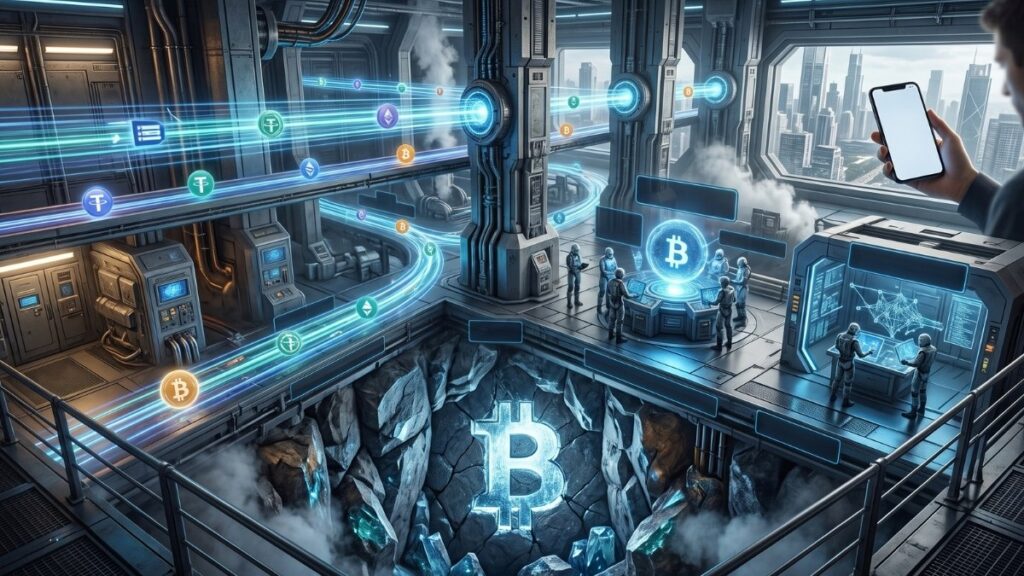 Instalación de infraestructura de blockchain futurista con flujos de energía azul que transportan criptomonedas como Bitcoin y Tether