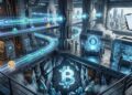 Instalación de infraestructura de blockchain futurista con flujos de energía azul que transportan criptomonedas como Bitcoin y Tether