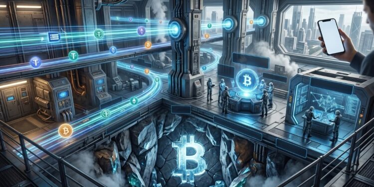 Instalación de infraestructura de blockchain futurista con flujos de energía azul que transportan criptomonedas como Bitcoin y Tether
