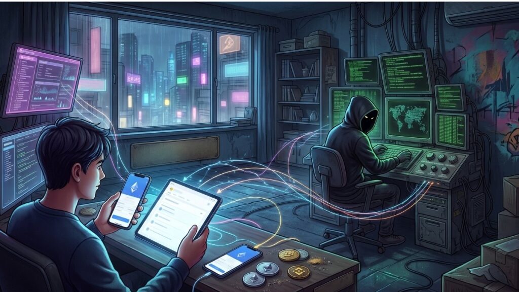 Ilustración digital de un usuario interactuando con dispositivos y flujos de datos, conectados a un hacker encapuchado frente a múltiples monitores.