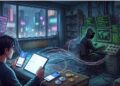 Ilustración digital de un usuario interactuando con dispositivos y flujos de datos, conectados a un hacker encapuchado frente a múltiples monitores.